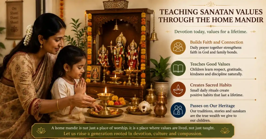 Parent teaching a child simple prayer and Sanatan values at a home mandir