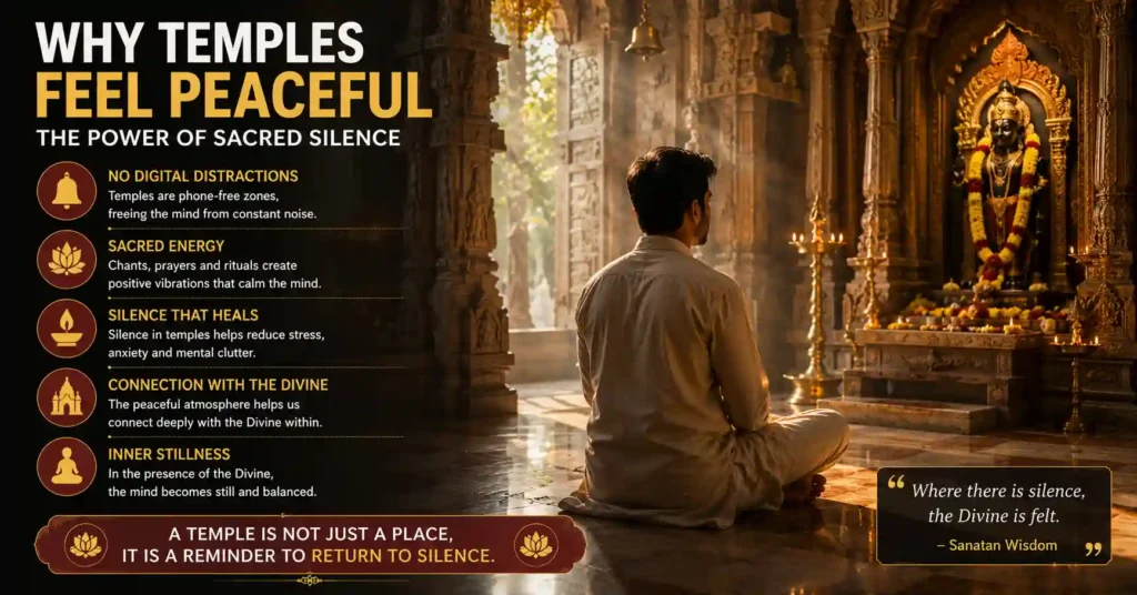 Devotee experiencing silence, prayer, and inner peace inside a serene Hindu temple