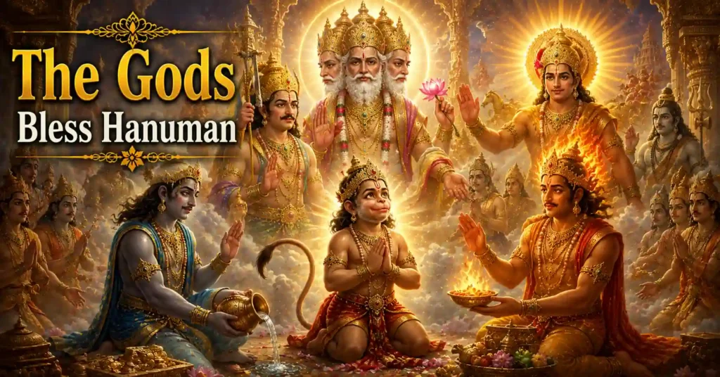 Lord Brahma, Indra, Surya Dev, and other devas blessing young Hanuman with divine boons after the Sun incident