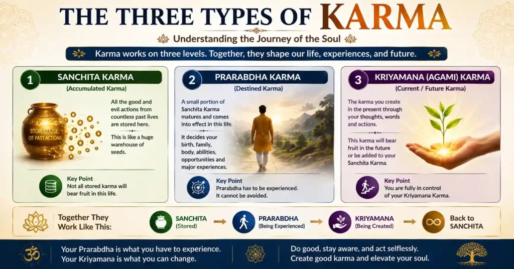 Infographic explaining Sanchita, Prarabdha, and Kriyamana Karma in Sanatan Dharma.