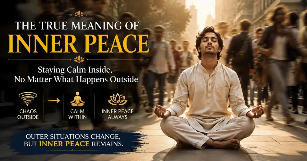 Person remaining calm amid a busy crowd representing the true meaning of inner peace and emotional balance