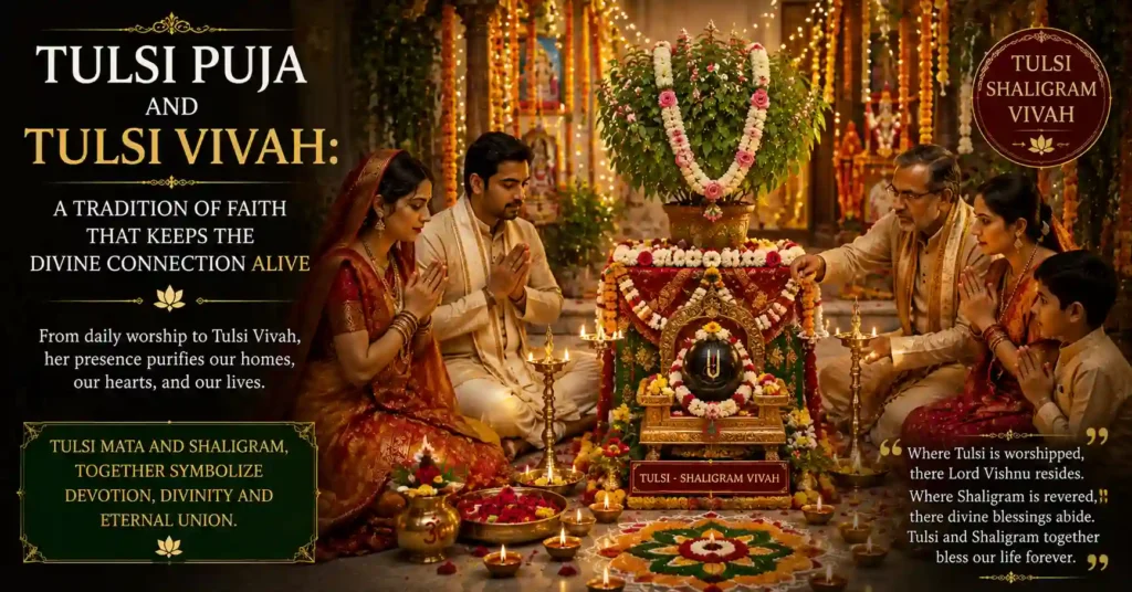 Devotees performing Tulsi Shaligram Vivah and Tulsi Puja in a traditional Hindu ceremony