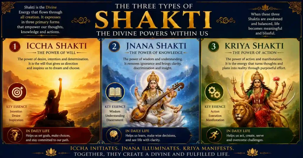 The three types of Shakti in Sanatan Dharma: Iccha Shakti, Jnana Shakti, and Kriya Shakti