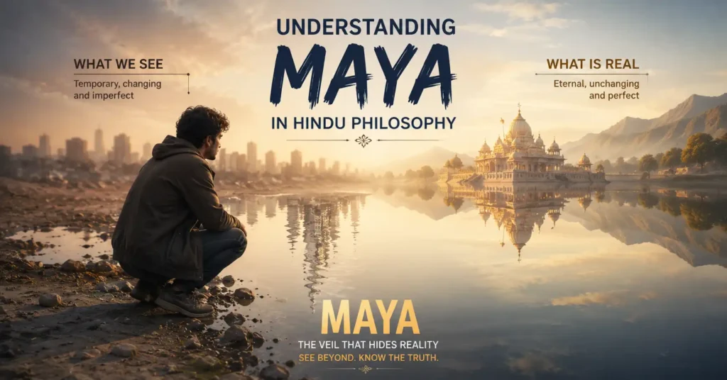 Person looking at a reflection symbolizing Maya, illusion, perception, and reality in Hindu philosophy