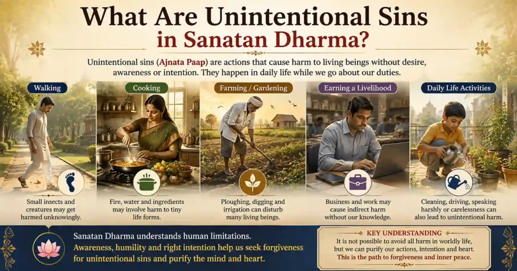 Illustration showing everyday examples of unintentional sins in Sanatan Dharma such as walking, cooking, farming and daily life