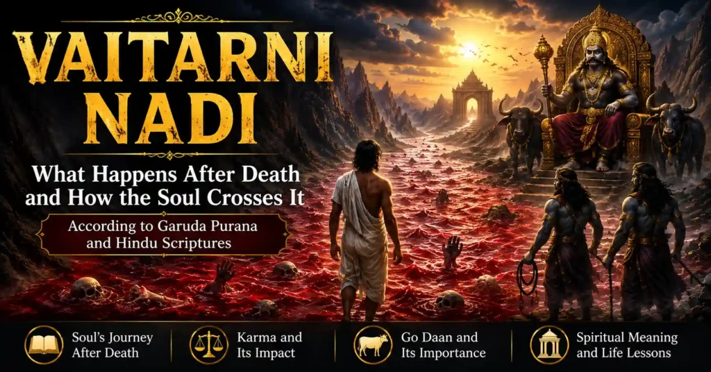 Vaitarni Nadi, the sacred river after death in Hindu beliefs, with a soul beginning its journey toward the realm of Yamraj