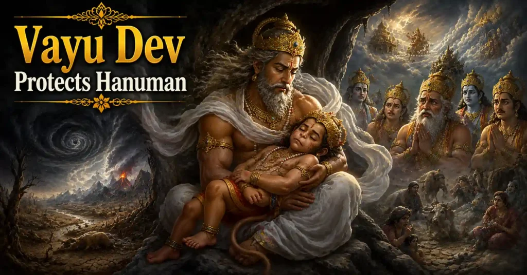 Vayu Dev protecting unconscious Hanuman as the devas worry about the loss of air in creation