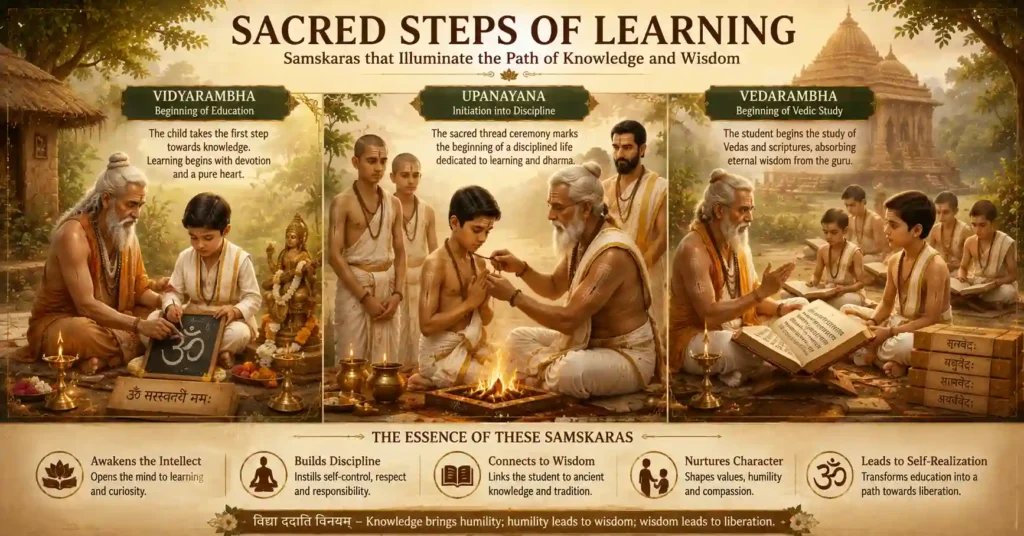 Young student learning under a guru during Vidyarambha, Upanayana, and Vedarambha Samskaras in the gurukul tradition