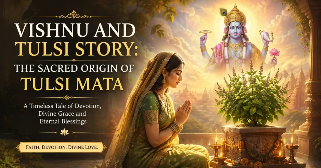 Vrinda praying to Bhagwan Vishnu beside the sacred Tulsi plant in the Vishnu and Tulsi Story