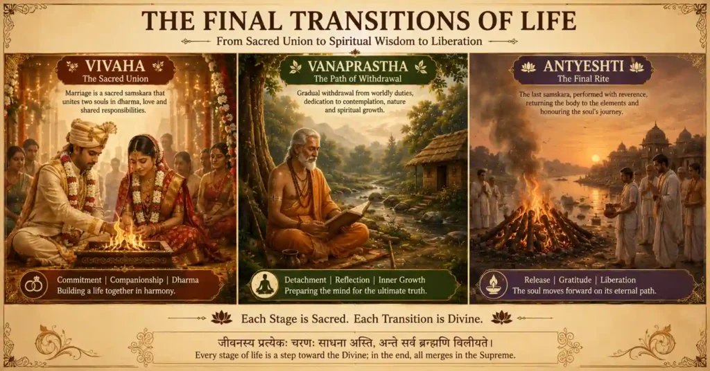 Illustration depicting Vivaha, Vanaprastha, and Antyeshti Samskaras representing marriage, retirement, and final rites in Hindu life