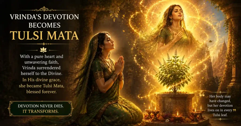 Vrinda transforming into Tulsi Mata through divine grace in the Vishnu and Tulsi Story