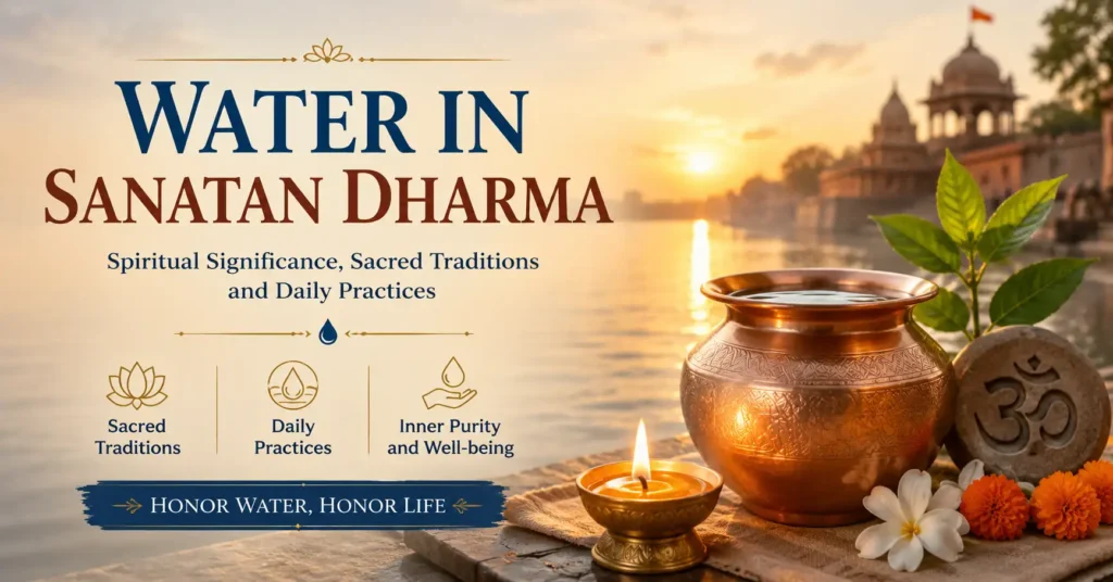 Water in Sanatan Dharma showing sacred water vessel, diya, lotus and spiritual traditions of gratitude and purification