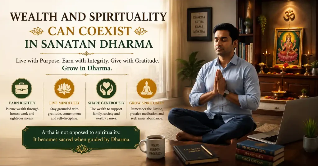 Modern professional performing prayer and meditation at home, illustrating the coexistence of wealth and spirituality