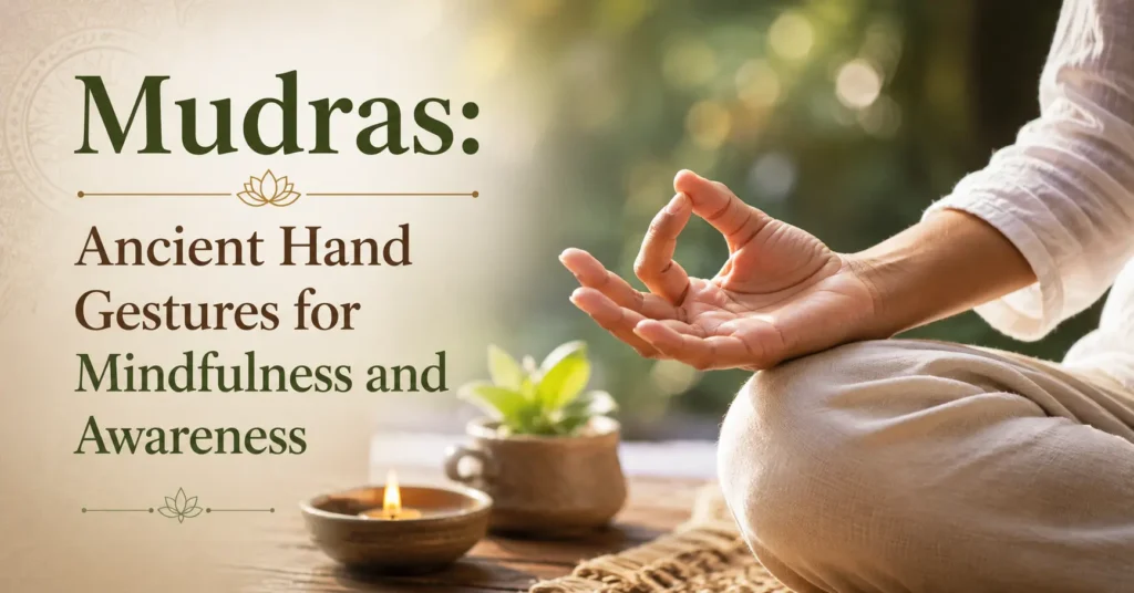 Close-up of hands forming a mudra during meditation illustrating ancient hand gestures used for mindfulness and awareness.
