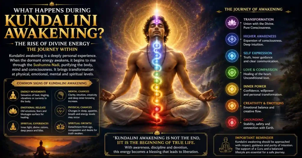 Illustration showing the stages of Kundalini Awakening from spiritual preparation to higher consciousness