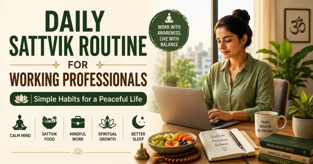 Daily Sattvik Routine showing mindful work, sattvik food, inner balance and healthy lifestyle habits