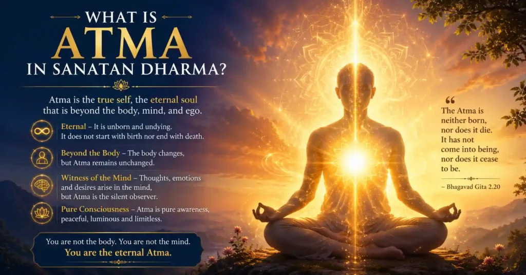 Illustration explaining Atma, the eternal soul beyond the body, mind, and ego in Sanatan Dharma