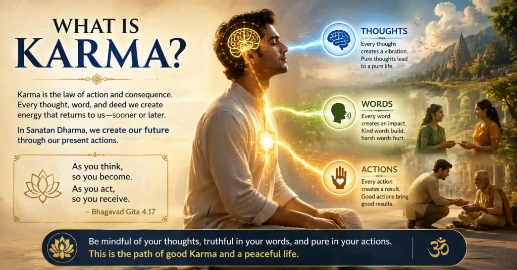 Illustration showing Karma through thoughts, speech, and actions in Sanatan Dharma.