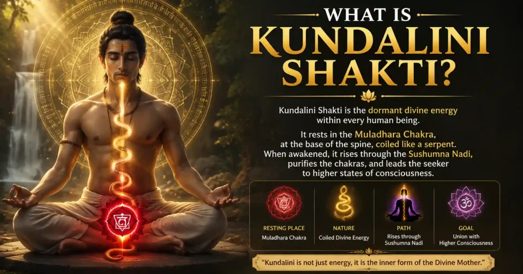 Diagram showing Kundalini energy, seven chakras, Sushumna Nadi, Ida Nadi and Pingala Nadi in the subtle body
