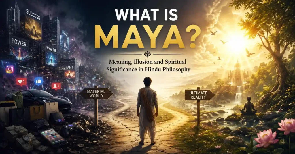 Spiritual seeker standing between the material world and divine light representing Maya and ultimate reality in Hindu philosophy