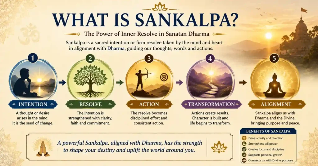 Infographic explaining the meaning of Sankalpa in Sanatan Dharma and its journey from intention to transformation