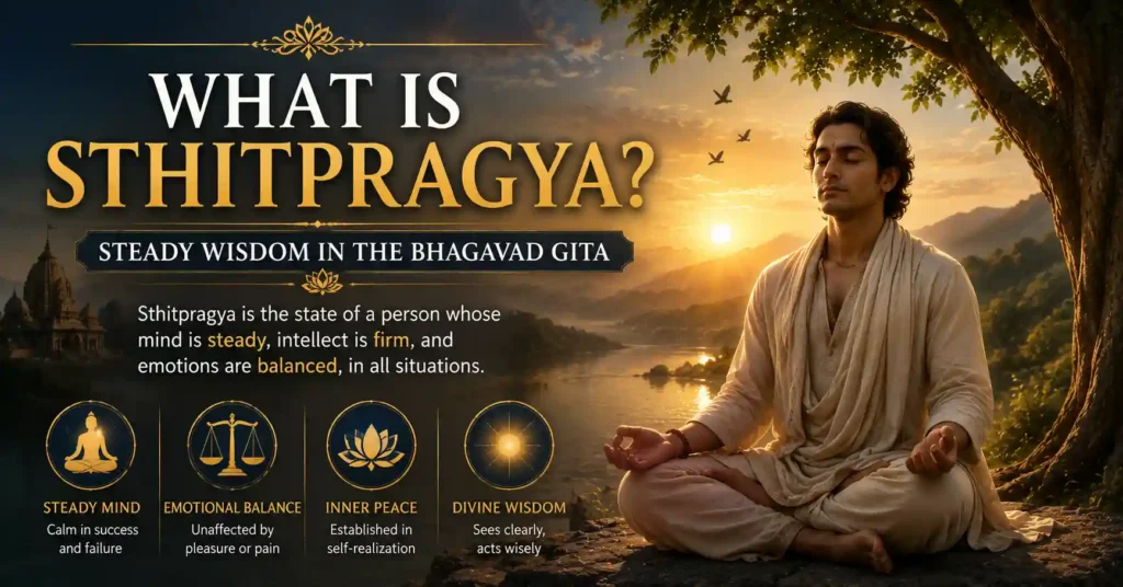 Illustration explaining the meaning of Sthitpragya as a person established in steady wisdom according to the Bhagavad Gita.