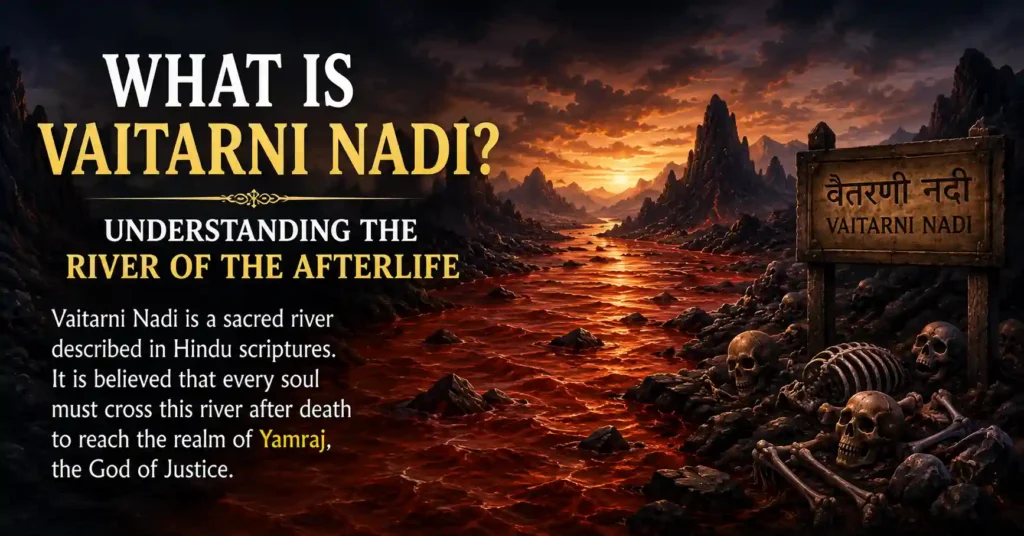 Illustration explaining Vaitarni Nadi, the sacred river described in Hindu scriptures that souls encounter after death