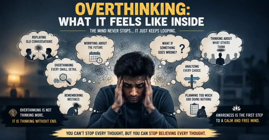 Overthinking illustrated through endless mental loops, worries, memories, and repeated thoughts