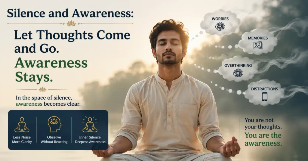 Person sitting quietly as thoughts fade away, representing silence and awareness beyond external noise and mental distractions.