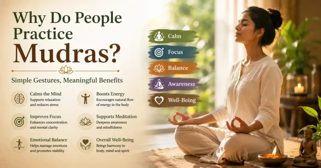 Person practicing mudras with infographic highlighting calmness, focus, balance, awareness and overall well-being.