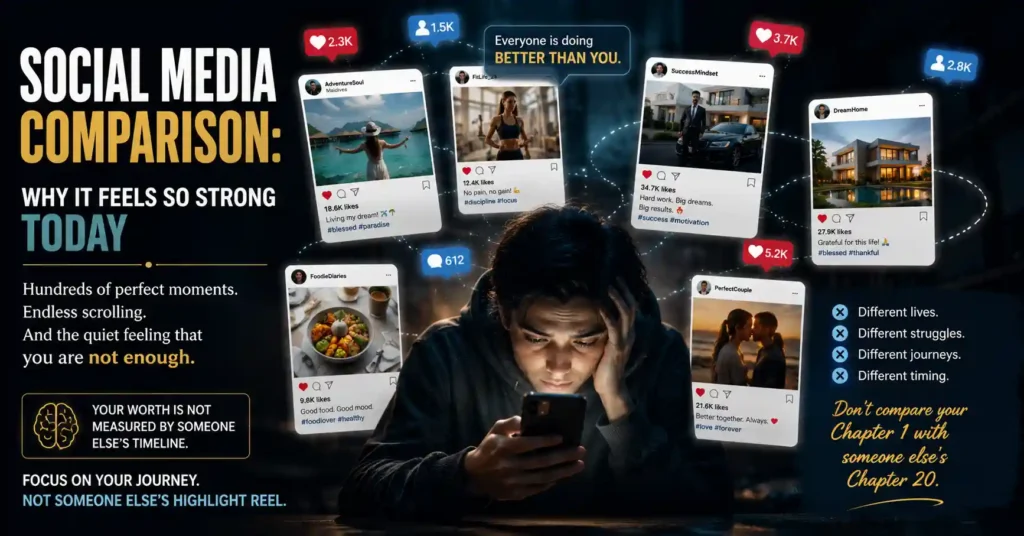 Individual overwhelmed by constant social media comparison and online validation