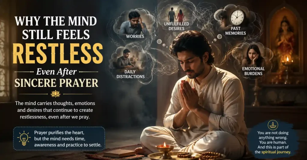 Person praying while experiencing a restless mind, symbolizing inner thoughts, emotions, and spiritual restlessness after prayer.