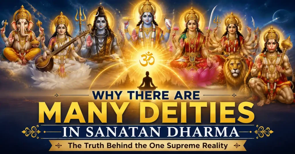 Why do Hindus have so many gods? Illustration of many Hindu deities emerging from the One Supreme Reality in Sanatan Dharma.