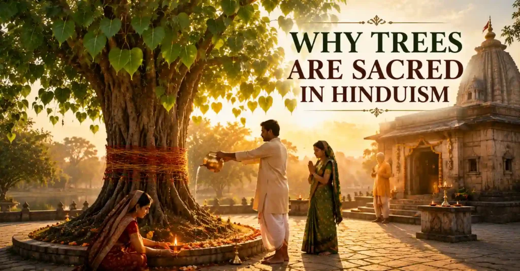 Devotees offering water and lighting a diya under a sacred Peepal tree beside a Hindu temple