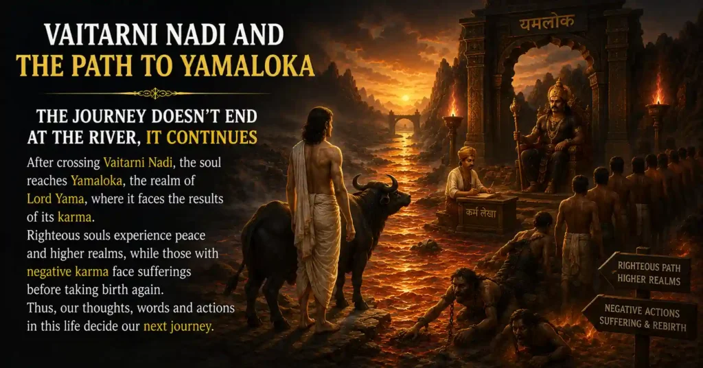 Yamraj and Chitragupta evaluating karma as the soul continues its journey beyond Vaitarni Nadi