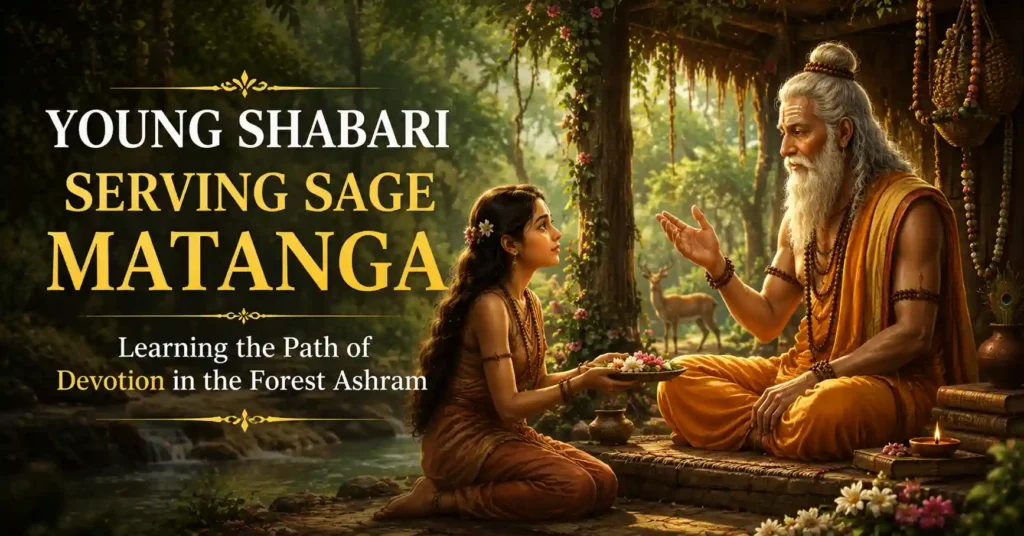 Young Shabari serving Sage Matanga in a forest ashram while learning the path of devotion and bhakti
