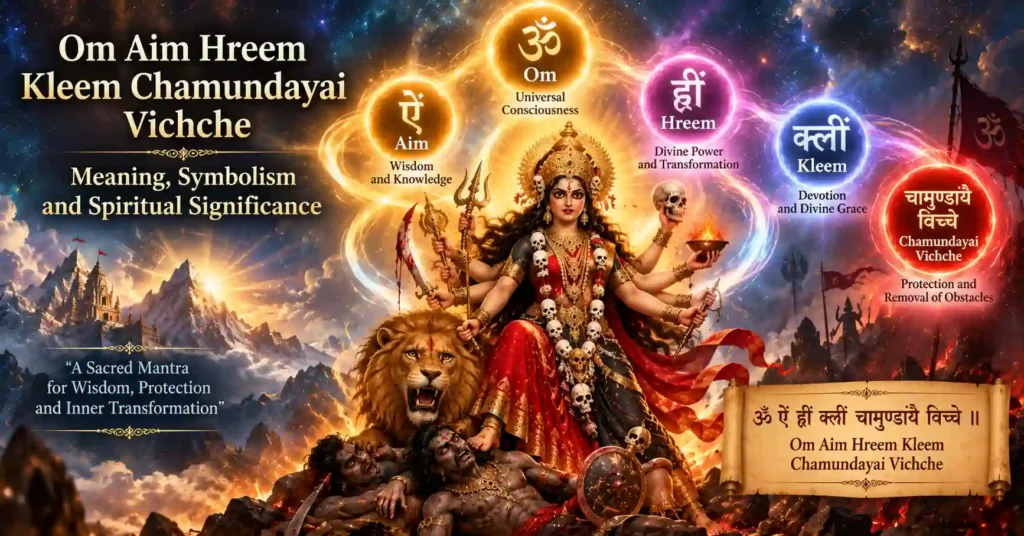 Meaning of Om Aim Hreem Kleem Chamundayai Vichche visualizing Chamunda Devi and sacred Navarna Mantra energies
