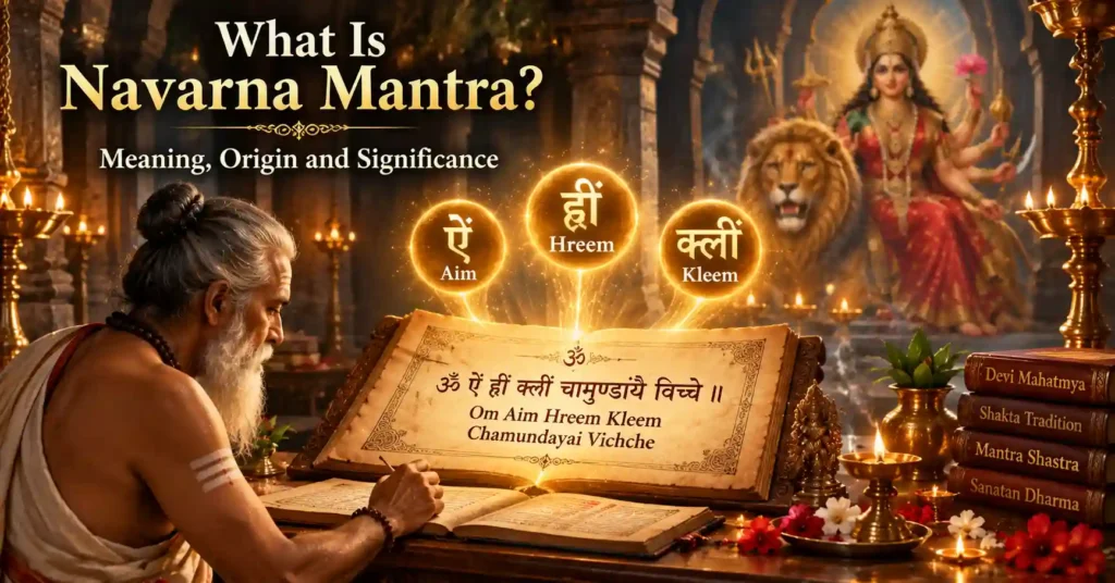 What Is Navarna Mantra showing sacred Sanskrit manuscript with Navarna Mantra and glowing beej syllables