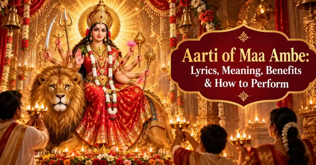 Devotee singing the Aarti of Maa Ambe while receiving divine blessings, peace, courage, and spiritual protection