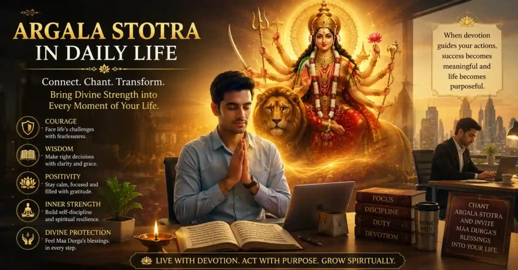 Modern devotee balancing spiritual practice and daily life with Goddess Durga's blessings, symbolizing courage, wisdom, and positivity