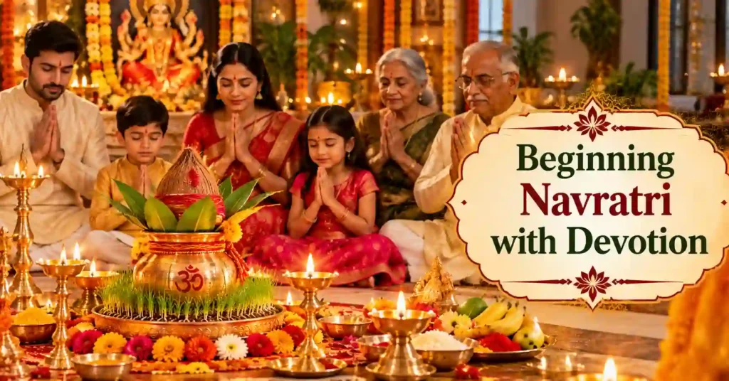 Indian family praying before Ghatasthapana kalash during Navratri in a peaceful devotional setting