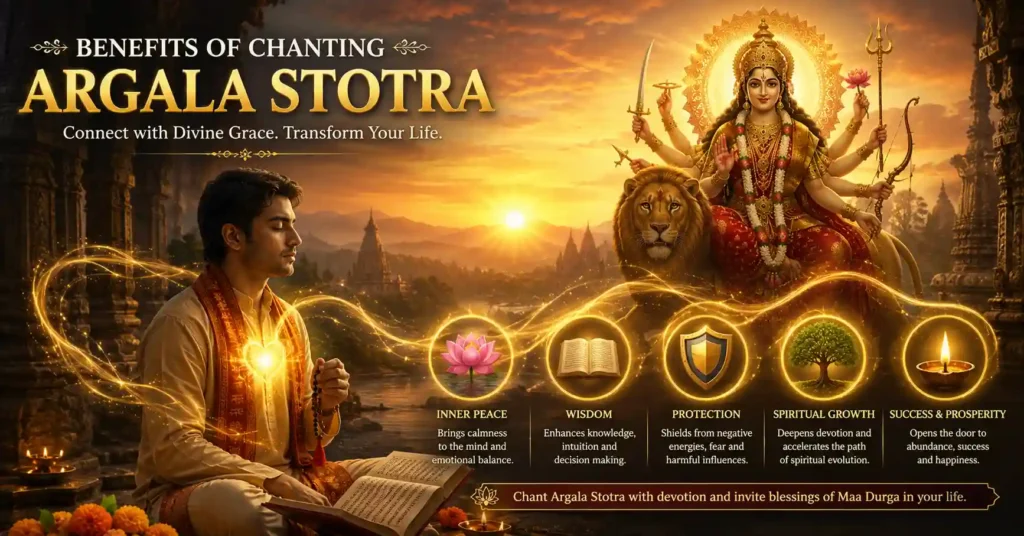 Devotee chanting Argala Stotra with prayer beads, symbolizing spiritual growth, peace, wisdom, and divine protection