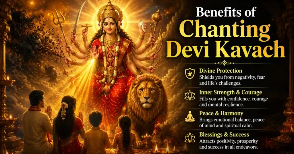 Maa Durga blessing devotees and removing fear, negativity, and obstacles symbolizing the benefits of chanting Devi Kavach