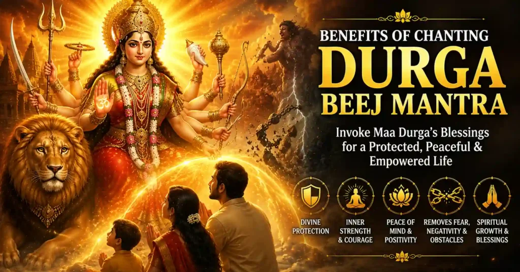 Maa Durga blessing devotees with divine protection and spiritual strength showing the benefits of chanting the Durga Beej Mantra