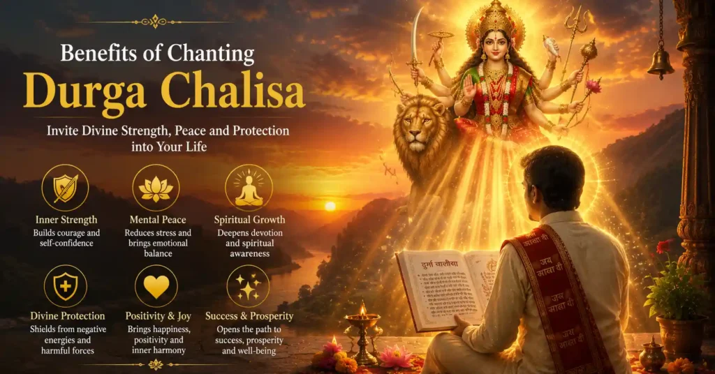 Devotee chanting Durga Chalisa during meditation and receiving spiritual strength and divine blessings