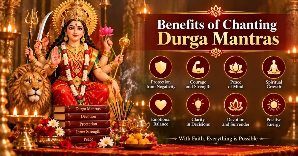 Devotee chanting Durga Mantras for protection, courage, peace and spiritual growth