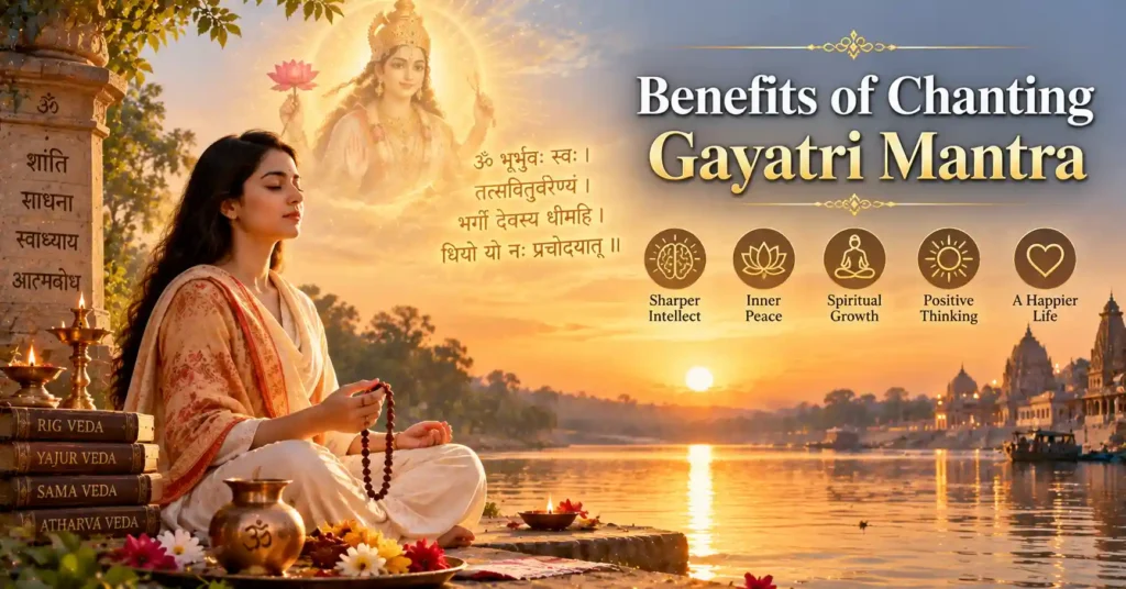 Peaceful devotee chanting the Gayatri Mantra at sunrise, symbolizing the spiritual, mental, and devotional benefits of daily recitation