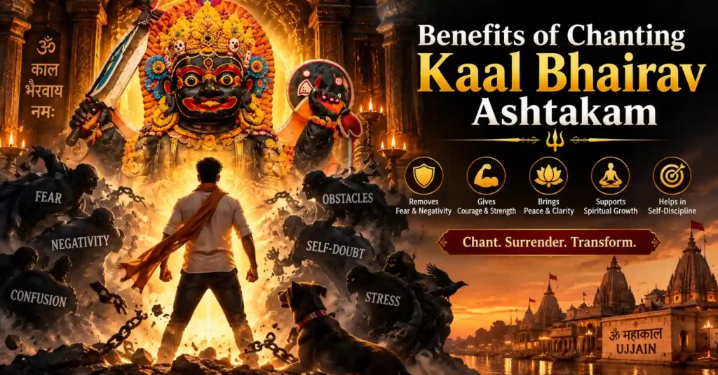 Devotee receiving the blessings of Kaal Bhairav, symbolizing courage, protection, clarity, discipline, and spiritual growth through chanting.