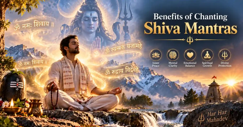 Devotee meditating while chanting Shiva mantras with divine blessings of Lord Shiva and spiritual awakening