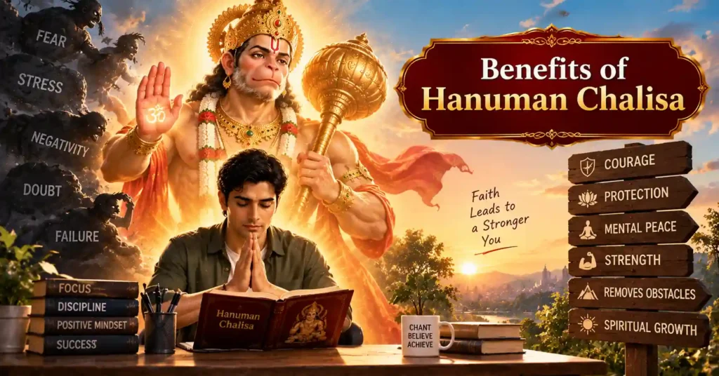 Modern devotee seeking strength and protection with Lord Hanuman's divine presence symbolizing the benefits of Hanuman Chalisa